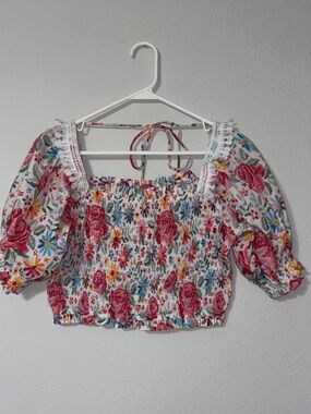 moodie Floral Smocked Crop Top with Pink Roses, women’s size L